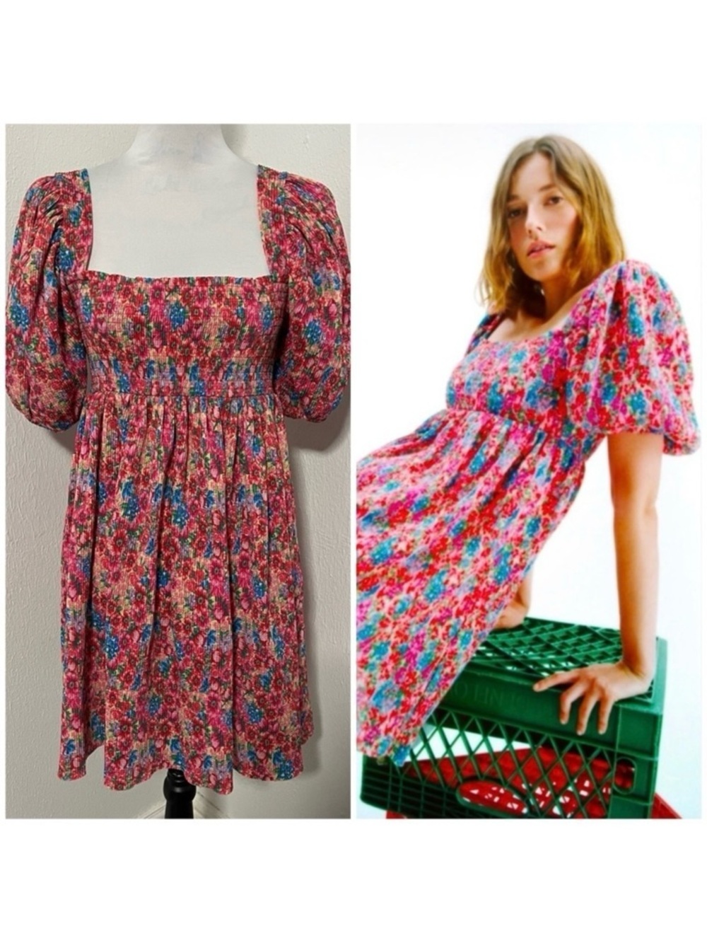 Zara pink Floral Puff Sleeve Square Neck Mini Dress NWOT size small